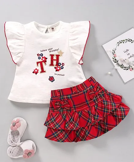 ToffyHouse Short Sleeves Top and Checked Skirt Set Floral Embroidery - Red