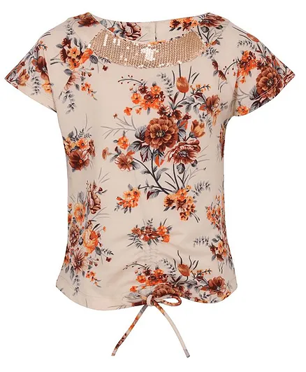 Cutecumber Cap Sleeves Floral Printed Top- Beige