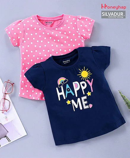 Honeyhap 100% Cotton Short Sleeves Tops With Silvadur Anti Microbial Finish Pack of 2 - Navy Pink