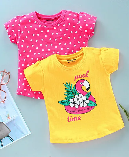 Honeyhap 100% Cotton Short Sleeves Tops With Silvadur Anti Microbial Finish Pack of 2 - Yellow Pink