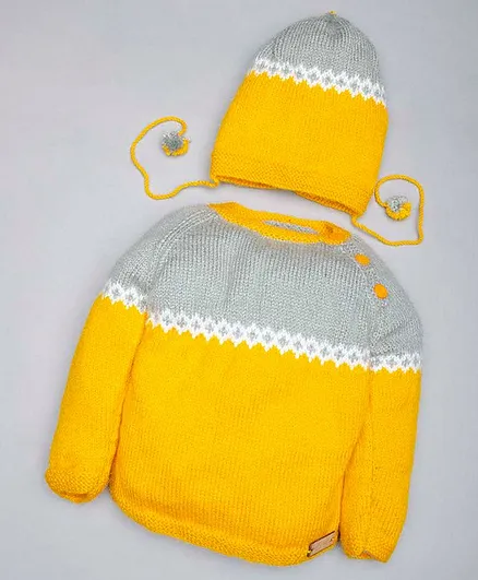 The Original Knit Full Sleeves Handmade Double Shaded Sweater & Cap - Yellow