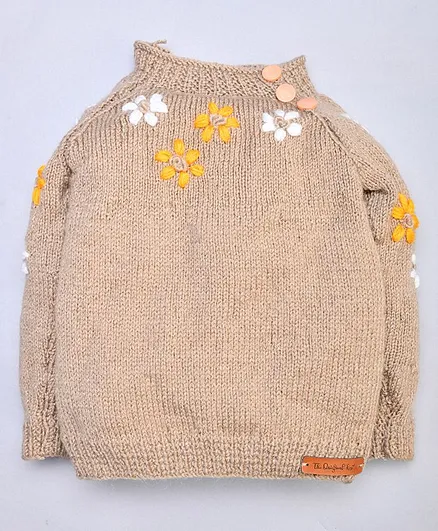 The Original Knit Full Sleeves Tiny Flower Embroidered Handmade Sweater - Beige