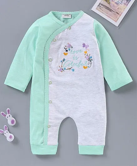 Wonderchild Full Sleeves Floral Embroidered Romper - Light Green