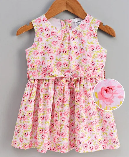 Simply Sleeveless Frock Floral Print - Peach