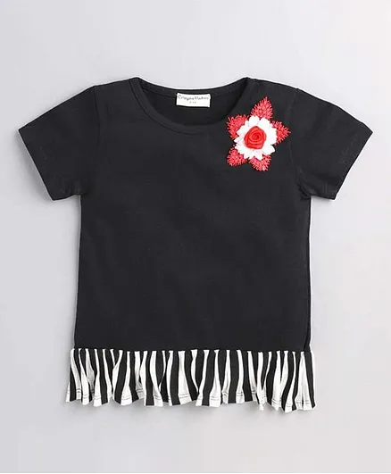 Crayonflakes Half Sleeves Flower Embellished Frill Top - Black