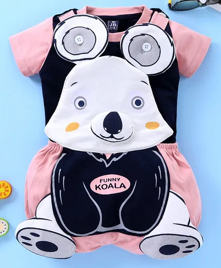 Jb Club Half Sleeves Tee With Bunny Patch Dungaree - Pink