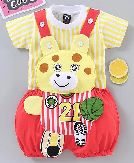 Jb Club Half Sleeves Tee With Animal Patch Dungaree - Red
