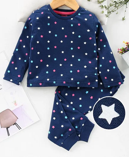 Babyhug Full Sleeves Night Suit Star Print - Blue
