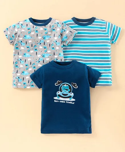 Bumzee Striped & Dinosaur Printed Half Sleeves Pack Of 3 Tee - Navy Blue