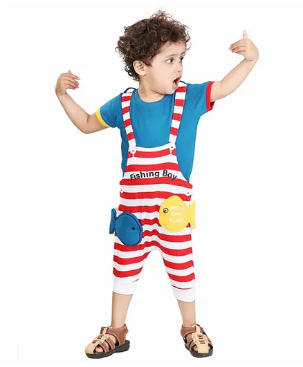Kooka Kids K Half Sleeves Tee With Striped Dungaree - Red