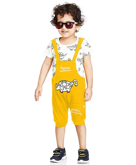 Kooka Kids Short Sleeves Dinosaur Print Tee With Dungaree - Yellow