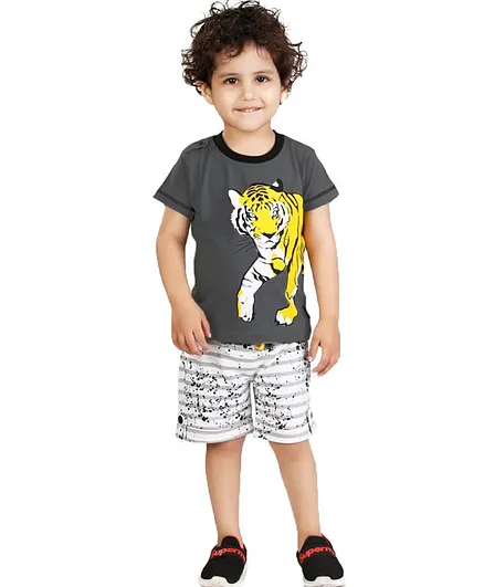 Kooks Kids Short Sleeves Tiger Print Tee With Shorts - Grey