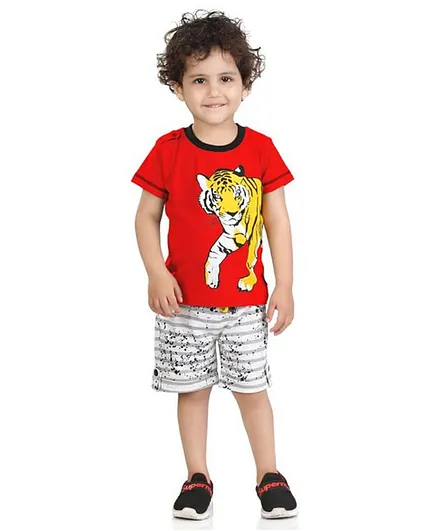 Kooks Kids Short Sleeves Tiger Print Tee With Shorts - Red