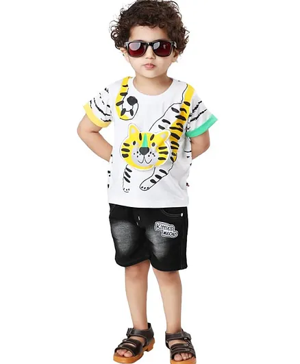 Kooka Kids Short Sleeves Tiger Print Tee With Shorts - White