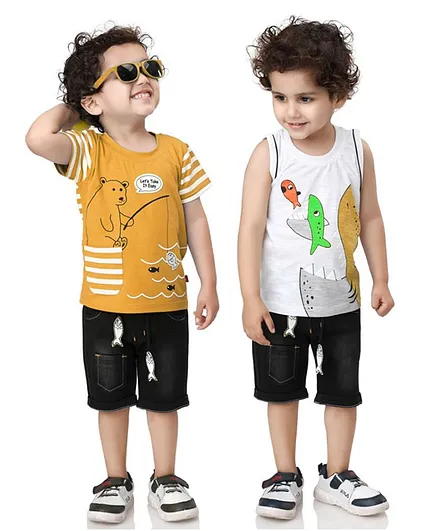 Kooka Kids Short Sleeves Bear Print Pack Of 2 Tee With Pack Of 2 Shorts - Yellow
