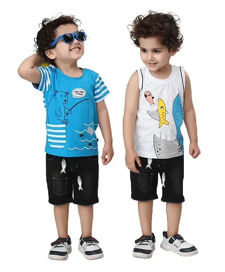 Kooka Kids Short Sleeves Bear Print Pack Of 2 Tee With Pack Of 2 Shorts - Blue