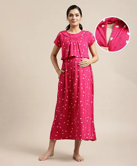 Bella Mama Half Sleeves Nursing Nighty Heart Print - Pink