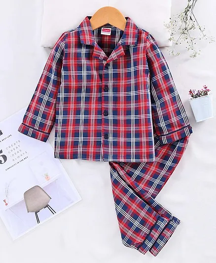 Babyhug Full Sleeves Woven Checked Night Suit - Blue Red