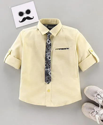 Rikidoos Full Sleeves Shirt With Flower Print Tie - Yellow
