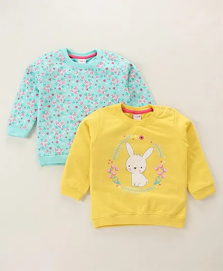 Babyhug Full Sleeves Sweatshirts Floral & Bunny Print Pack of 2 - Blue Yellow