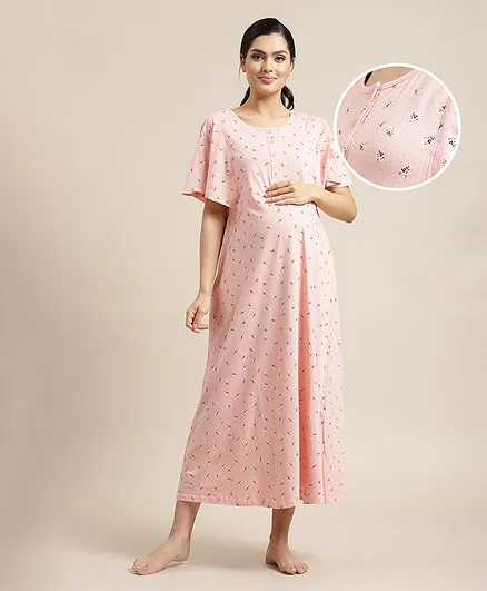 Bella Mama Half Sleeves Maternity Nighty - Peach