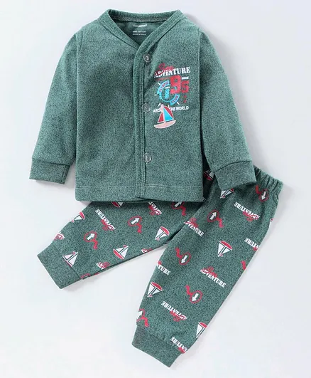 Cucumber Full Sleeves Night Suit Text Print - Green