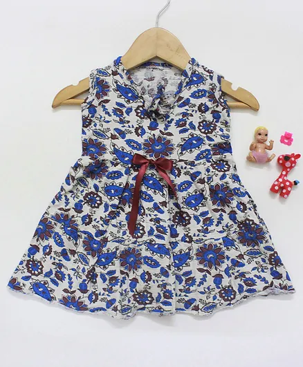 Many frocks & Sleeveless Floral Print Dress - Blue