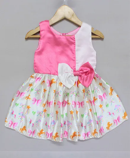 Many frocks & Sleeveless Unicorn Printed Party Dress - Pink White