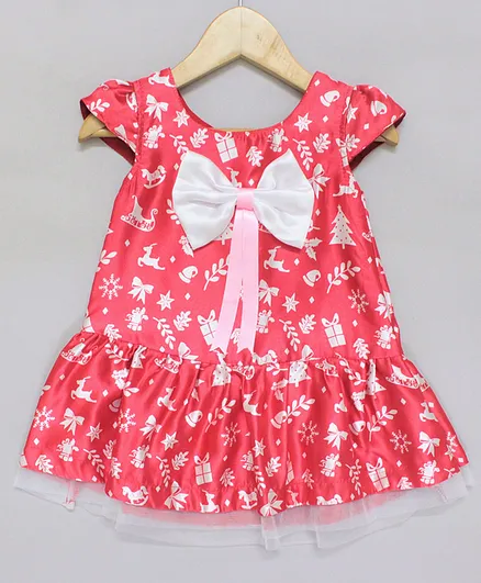 Many frocks & Cap Sleeves Christmas Theme Print Dress - Peach