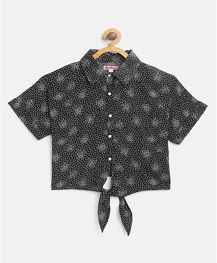 Natilene Half Sleeves Printed Polyester Shirt Style Top - Black