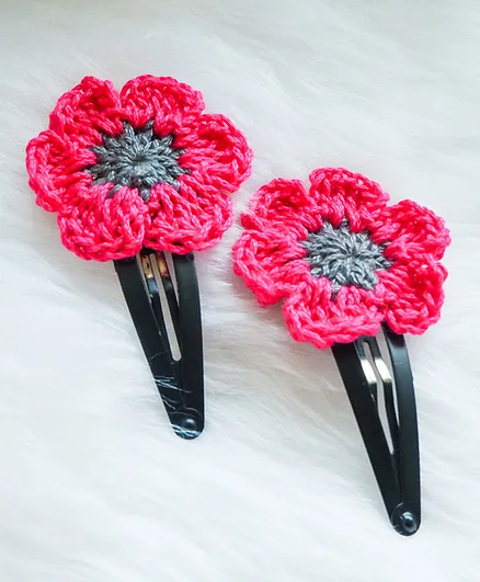 Bobbles & Scallops Set Of 2 Floral Crotchet Hair Clips - Pink