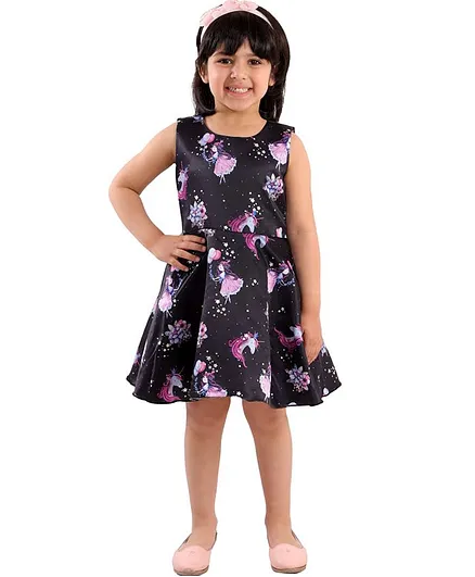 KIDSDEW Sleeveless Unicorn Print Dress - Black