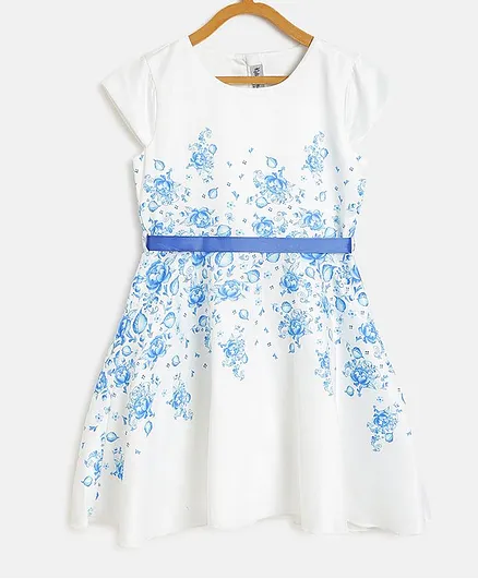 KIDSDEW Short Sleeves Floral Print Dress - White