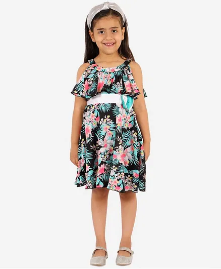 KIDSDEW Sleeveless Floral Print Dress - Black