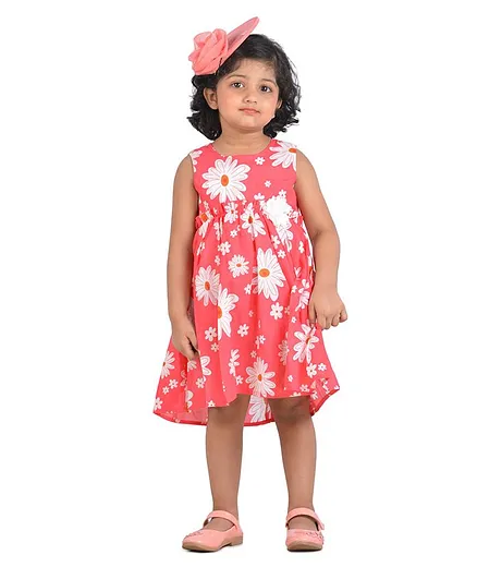 KIDSDEW Sleeveless Floral Print Dress - Red