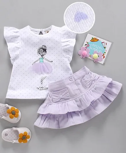 ToffyHouse Half Sleeves Top & Skirt Ballerina Print - White & Purple