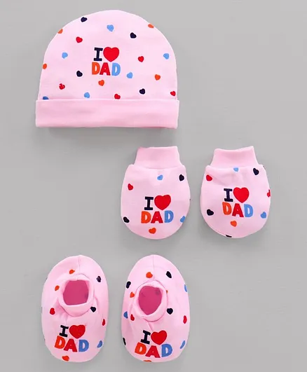 Simply Cap,Mitten & Bootie Set I Love Dad Print - Pink