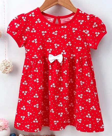 Babyhug Puff Sleeves Frock Floral Print - Red