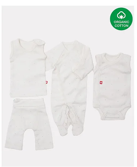 Nino Bambino 100% Organic Cotton Sleeveless Polka Dotted Gift Set Romper With Onesie & Vest With Pajama - White
