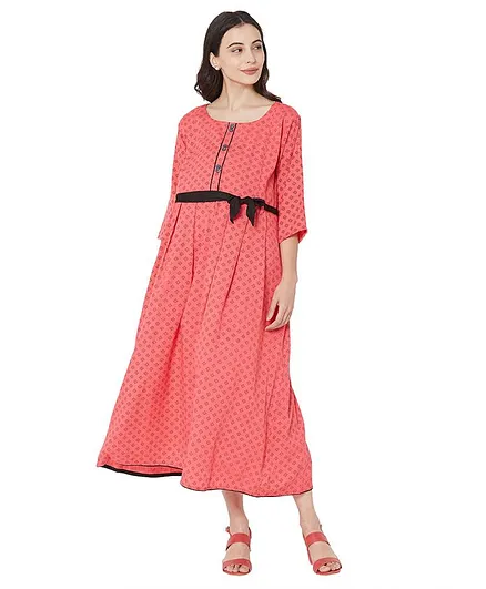 MOM'S BEE Three Fourth Sleeves All Over Printed Maternity Dress - Peach