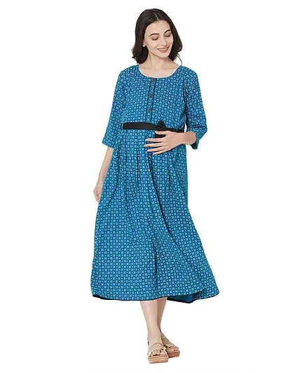 MOM'S BEE Three Fourth Sleeves All Over Printed Maternity Dress - Blue