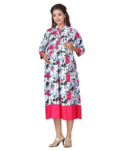 MOM'S BEE Three Fourth Sleeves Rose Print Maternity Dress - Pink