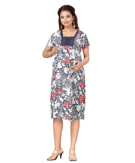 MOM'S BEE Short Sleeves Motif Design Maternity Dress - Blue