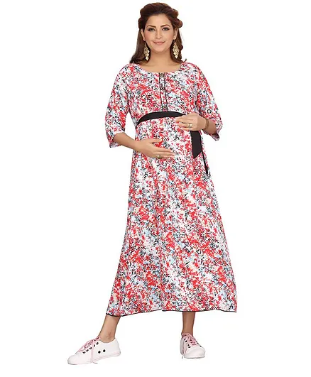 MOM'S BEE Three Fourth Sleeves All Over Flower Print Maternity Dress - Red