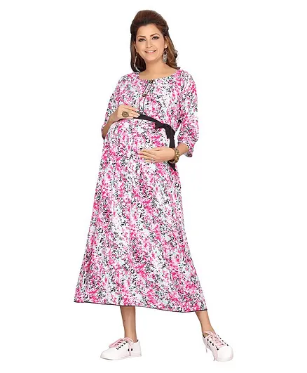 MOM'S BEE Three Fourth Sleeves All Over Flower Print Maternity Dress - Pink