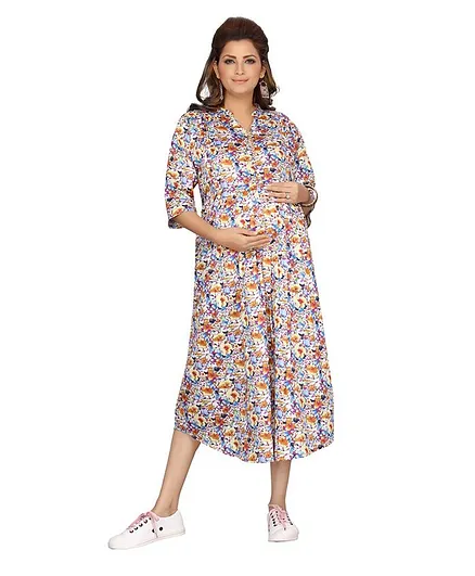 MOM'S BEE Three Fourth Sleeves All Over Flower Print Maternity Dress - Multi Color