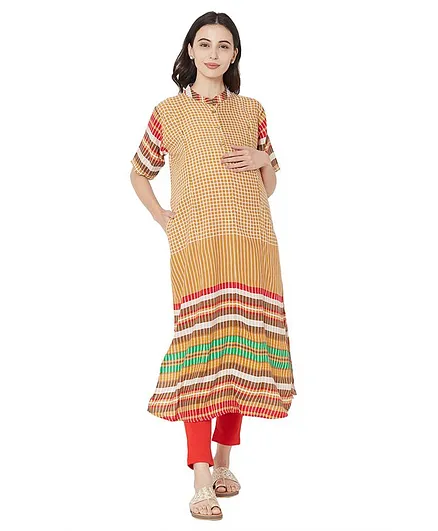 MOM'S BEE Half Sleeves Checked Maternity Dress - Yellow