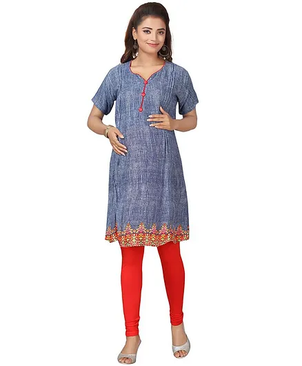 Moms Bee Half Sleeves Printed Hem Maternity Kurta - Blue