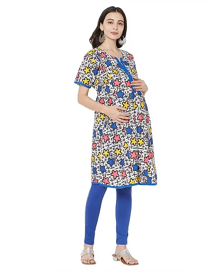 MOM'S BEE Half Sleeves Abstract Print Maternity Kurta - Blue