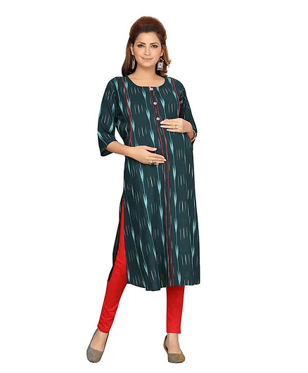 Moms Bee Three Fourth Sleeves Ikkat Maternity Kurta - Green